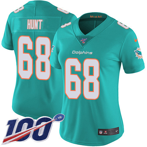 Nike Miami Dolphins #68 Robert Hunt Aqua Green Team Color Women Stitched NFL 100th Season Vapor Untouchable Limited Jersey